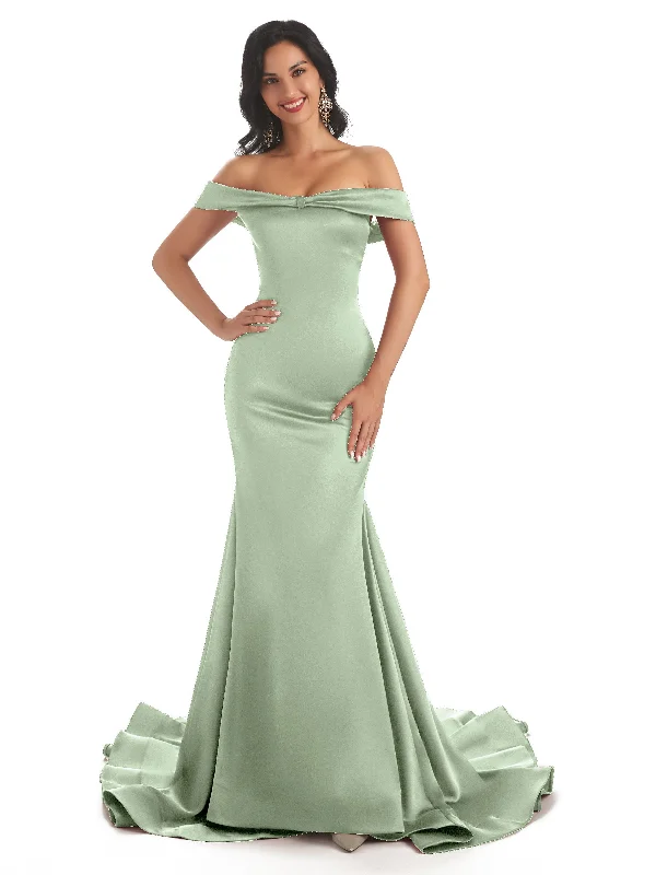 Huge Discounts This Week Minimalist Chic Sexy Mermaid Off The Shoulder Soft Satin Long Dress to Attend Wedding