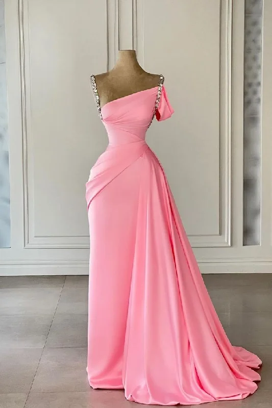 Premium Style Nordic Minimalist Home Look Pink Straps Off-the-Shoulder Sleeveless Mermaid Prom Dress With Ruffles Beads C1905