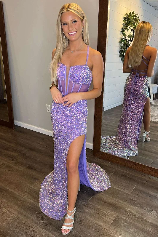 Huge Discounts This Week Bold Silhouette Roycebridal Estelle | Plunging Neck Straps Lavender Sequin Prom Dress