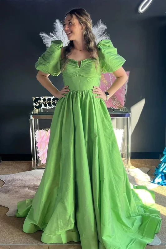 Exclusive Deals Online Graceful Movement Roycebridal Aurora | Green Ruffled Puff Sleeves Satin Long Prom Dress