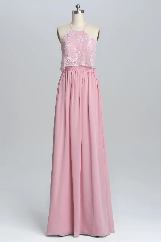 On-Trend Fashion Offers Polished Finish Straps Pink Lace Flounce A-line Long Bridesmaid Dress