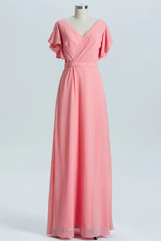 Avant-Garde Style Promotions Bold Silhouette Coral A-line Flutter Sleeves Long Bridesmaid Dress