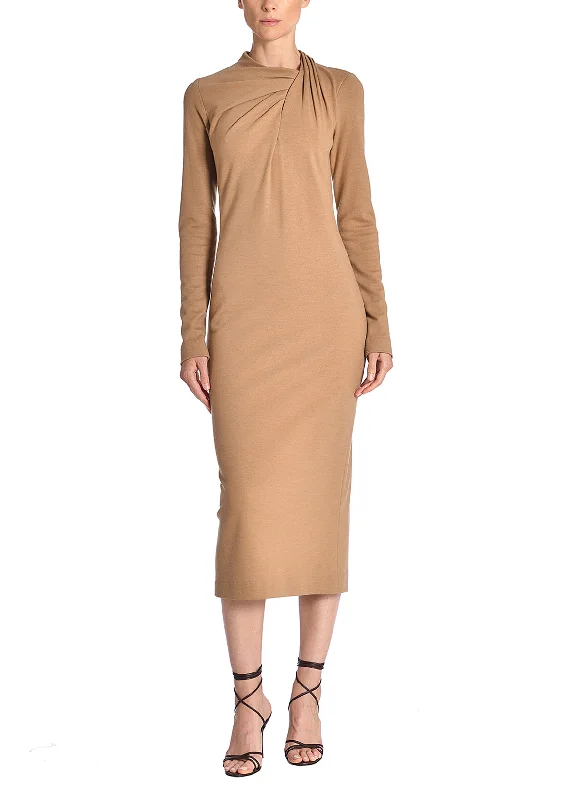 Trendy Fashion Sale Flash Sale Long Sleeve High Neck Draped Dress In Wool Jersey