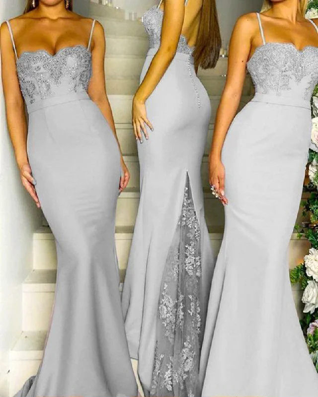 Holiday Glam Today Only Gray Long Mermaid Bridesmaid  Party Dresses Appliqued Lace Long with Spaghetti Straps PL457