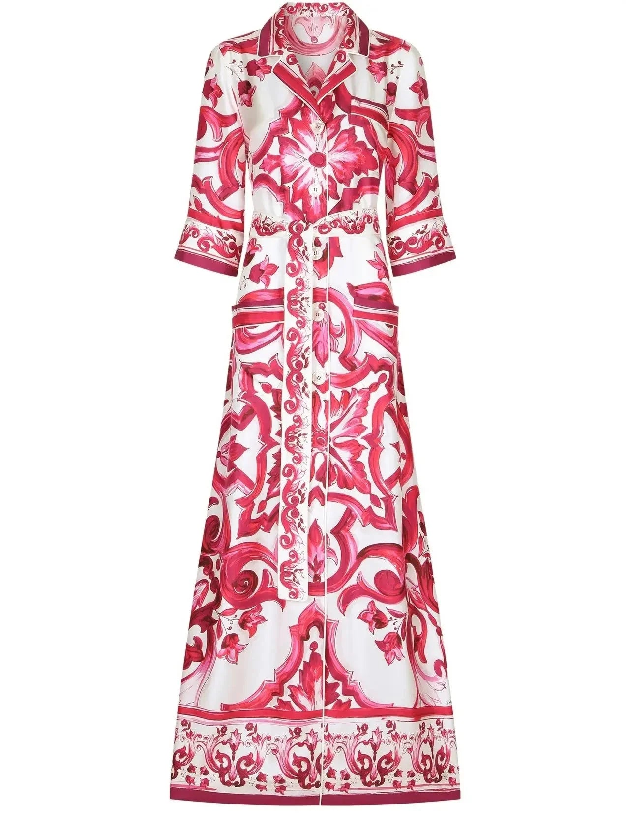 Find Your Unique Flair Y2K Nostalgic Fashion Look Majolica Printed Long Twill Shirt Dress, Red