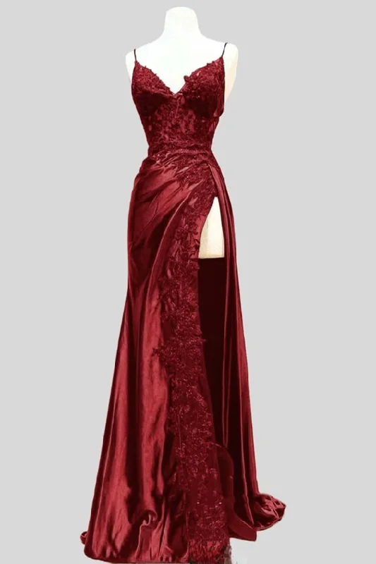 Chic Styles Sophisticated Cut Pretty Sheath Straps Sleeveless Burgundy Long Slit Slit Prom Dresses Evening Dress With Lace C2950