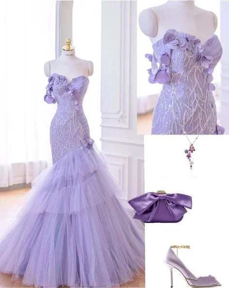 Trend Leading Collection Artful Design Elegant Mermaid Sweetheart Sequin Lilac Sleeveless Long Prom Dresses Party Dress C3498