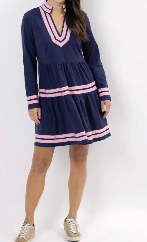 Daring Fashion Promotions Refined Simplicity Navy Long Sleeve Fit & Flare Tunic Dress With Pink Trim