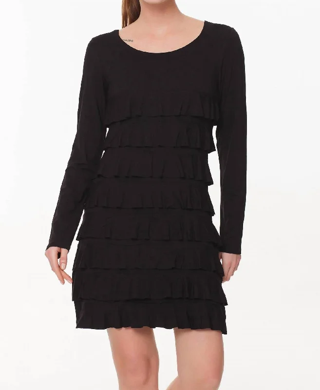 Elevated Casual Discounts Artful Design Layered Ruffle Long Sleeve Dress In Black Mesh