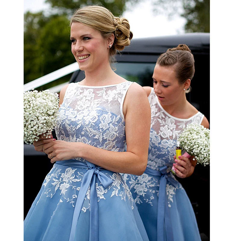 Fashion Essentials Soft Textures White and Blue Bridesmaid Dresses Women Short Wedding Party Gown Girls Maid of honor dress