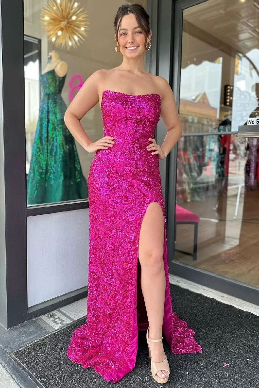 Premium Style Bold Silhouette Roycebridal Fuchsia Strapless Sequins Long Prom Dress with Slit