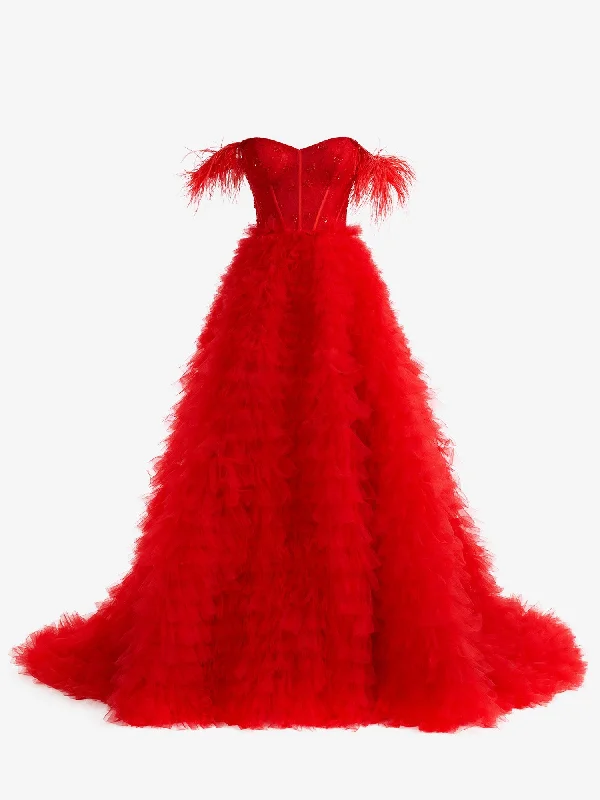 Casual Chic Elevated Style Roycebridal Ingrid |Red A Line Sweetheart Tiered Tulle Long Prom Dress With Slit