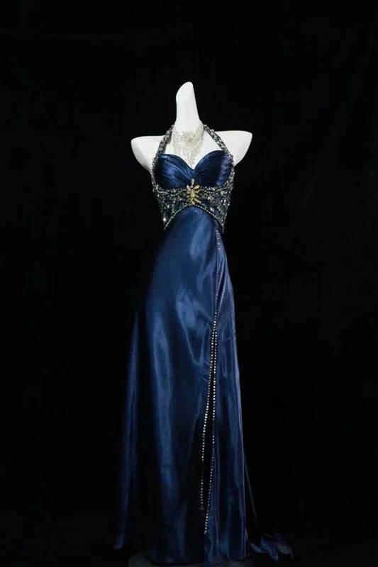 Bid Farewell To The Old Season Now on Sale for Chic Urban Styles Pretty A Line Halter Sleeveless Navy Blue Slit Beads Long Prom Dress Evening Dresses C3729