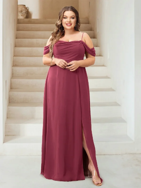 Stupidly Low Prices Luxury Comfort A-Line/Princess Cowl Neck Plus Size Floor-Length Chiffon Bridesmaid Dresses with Split Side