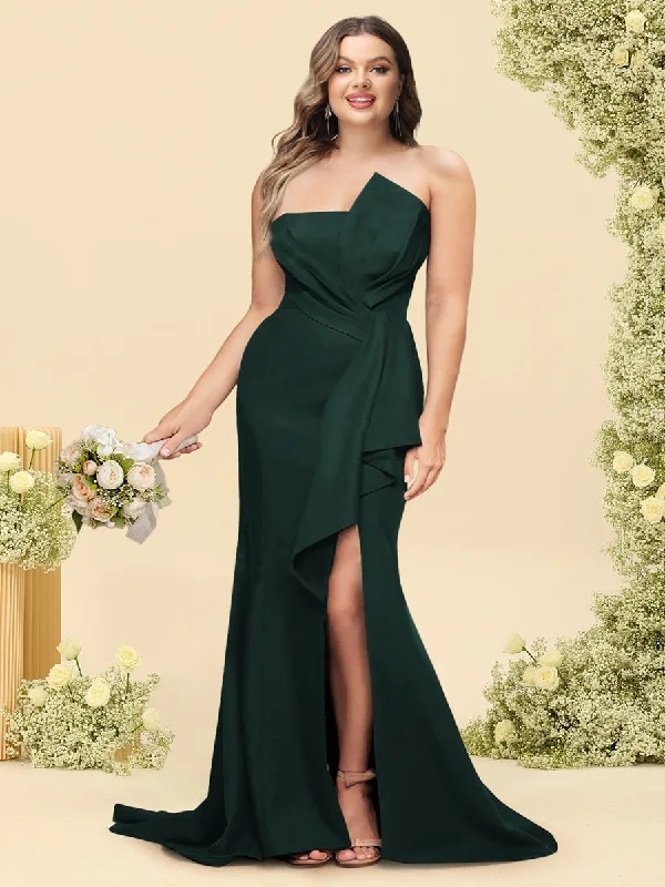 Trendy Fashion Sale Coastal Beach - Inspired Style Trumpet/Mermaid Strapless Sleeveless Sweep train  Plus Size Bridesmaid Dresses with Split Side