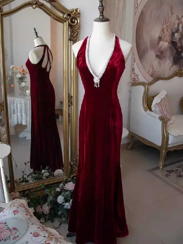 Casual Fashion Rustic Countryside Charm Look Vintage Mermaid Halter Sleeveless Velvet Burgundy Long Prom Dresses C81