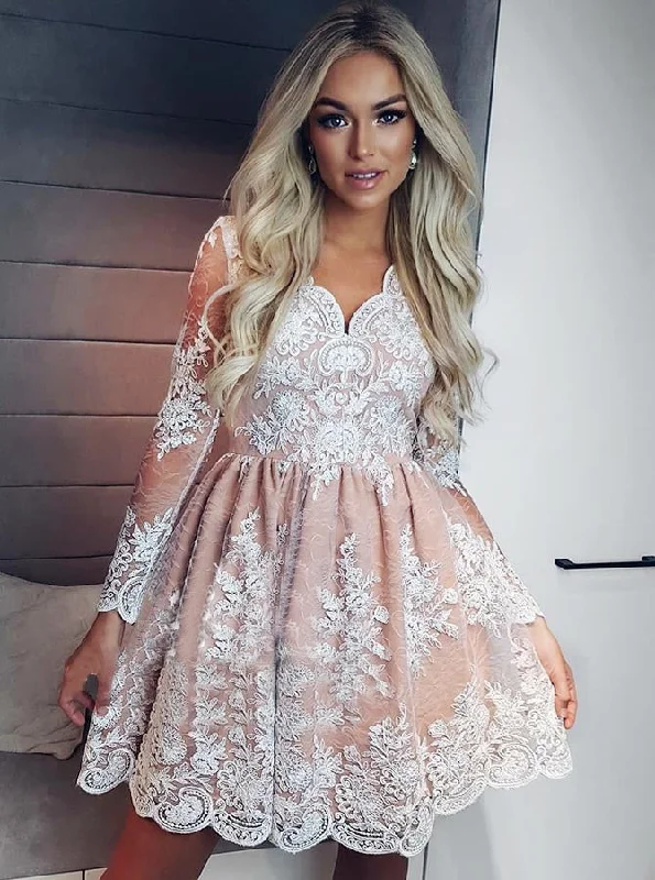 Polished Style Deals Final Clearance A-line Long Sleeves Short Prom Dress Lace Homecoming Dress OM236