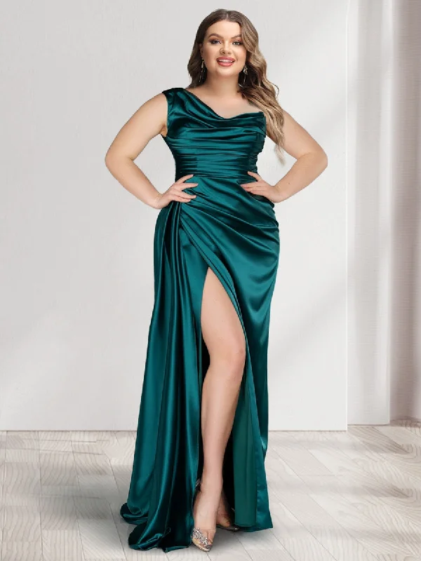 Big Discounts Buy More, Save More Sheath/Column One-Shoulder Sleeveless Ruched Plus Size Bridesmaid Dresses with Split Side