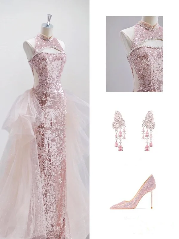 Exclusive Discount Casual Elegance Elegant Mermaid High Neckline Sequin Pink Sleeveless Long Prom Dresses C3490