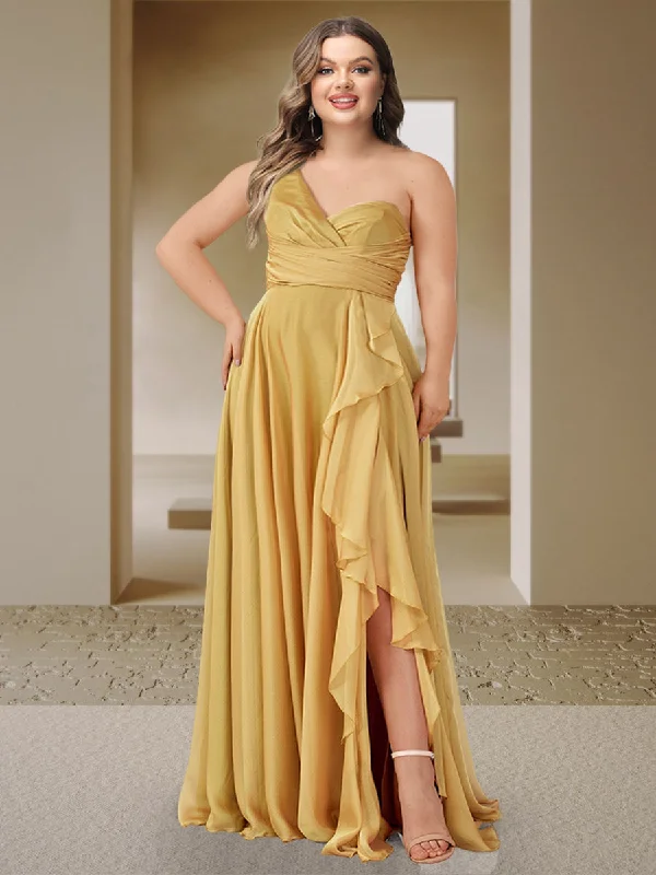 Unbeatable Deals Anniversary Sale A-Line/Princess One-Shoulder Sleeveless Ruched Plus Size Bridesmaid Dresses with Side Slit & Ruffles