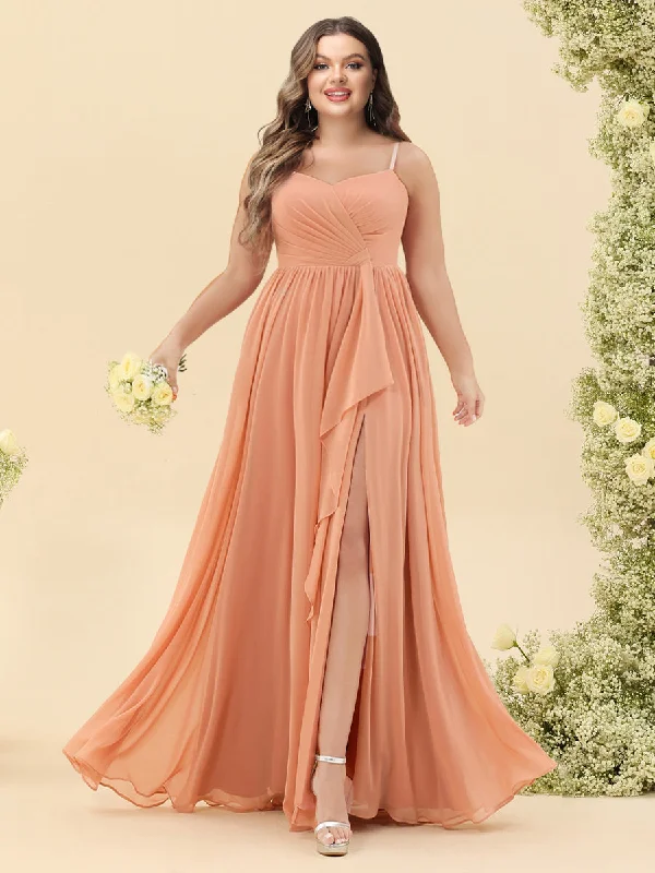 Explore What'S New Statement Piece A-Line/Princess Floor-Length Spaghetti Straps Ruffles Plus Size Bridesmaid Dresses With Split Side