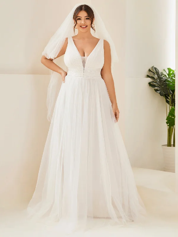 Seasonal Style Discounts Soft Textures Plus Backless A Line Sleeveless Wholesale Wedding Dresses with Deep V Neck