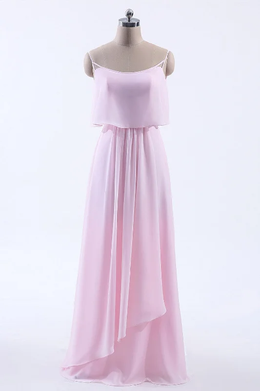 Fashion Sale Huge Savings on Parisian Styles Pink Flounce Chiffon Straps A-line Long Bridesmaid Dress