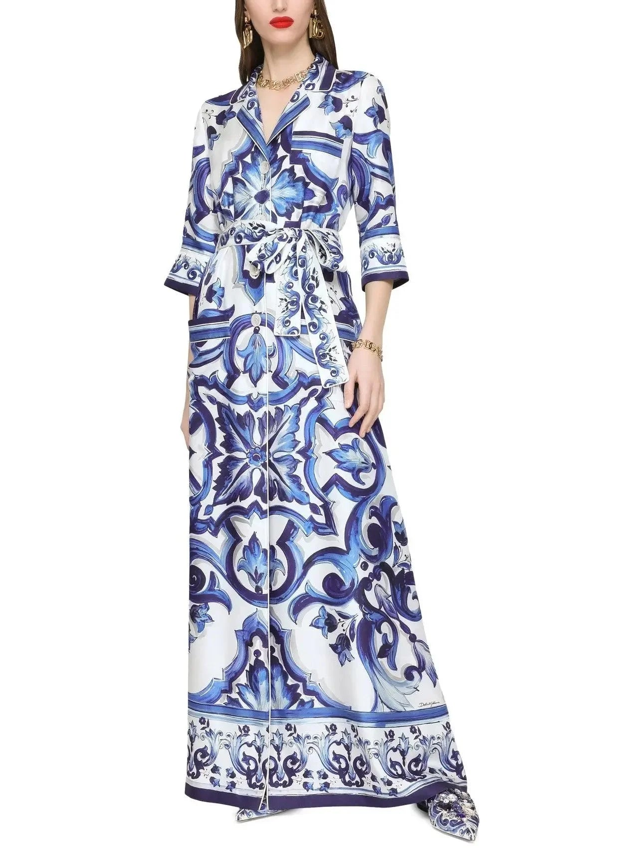 Flash Sale Fever Disco - Inspired Retro Dance Look Majolica Printed Long Twill Shirt Dress, Blue