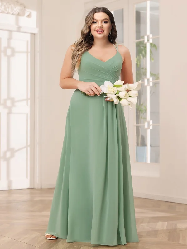 Discount Extravaganza Disco - Inspired Retro Dance Look A-Line/Princess V-Neck Long Plus Size Bridesmaid Dresses with Ruched