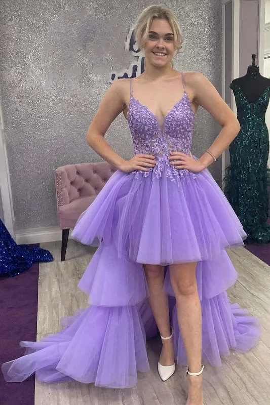 Contemporary Casual Deals Everyday Glamour Roycebridal Heaven | High-Low Lavender Lace V-Neck Tiered Prom Dress