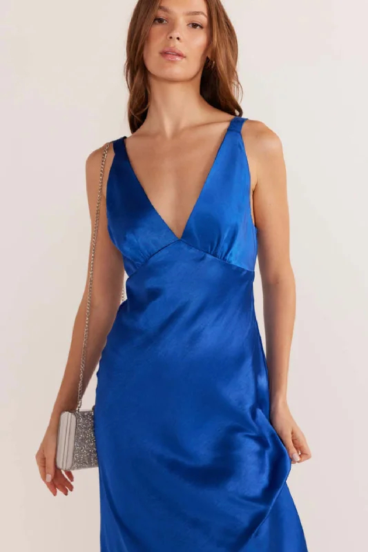 End-Of-Season Clearance Limited - Edition Drops Aoki Sapphire Bias Slip Satin Midi Dress