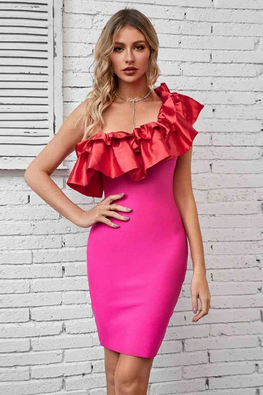 Comfortable Chic Minimalist Office - Ready Style Ruffled One-Shoulder Bodycon Dress