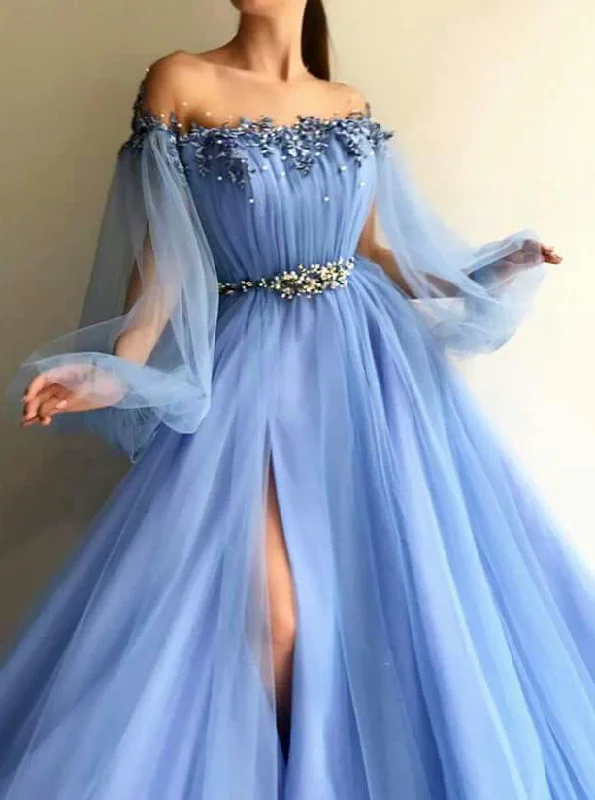 Fresh Fashion Discounts Effortless Sophistication Blue Puff Long Sleeves Sheer Neck Split Prom Dress With Appliques