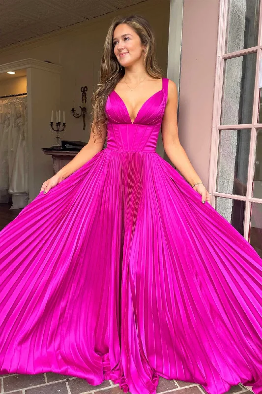 Fashion Forward Femininity Vintage Retro Party Wear Roycebridal Luella | A-Line V-Neck Fuchsia Pleated Long Prom Dress