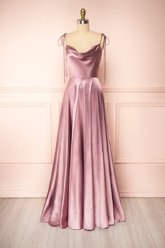 Get The Latest Trends Fashion-Forward Style Moira Mauve | Cowl Neck Satin Maxi Dress w/ High Slit