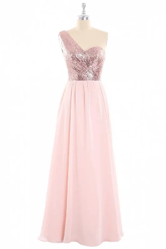 Big Discounts Bold Patterns One-Shoulder Sequin and Chiffon A-Line Long Bridesmaid Dress