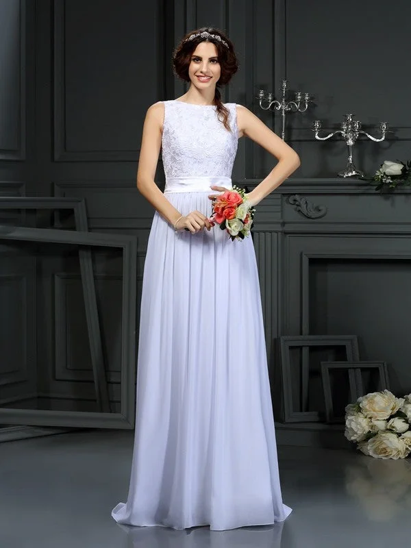 Sophisticated Style Offers Graceful Drape A-Line/Princess Scoop Lace Sleeveless Long Chiffon Wedding Dresses