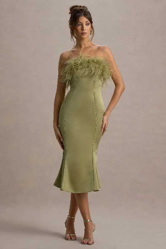 Seasonal Clearance Vintage Elegance One And Only | Light Green Satin Feather Trim Bandeau Midi Dress