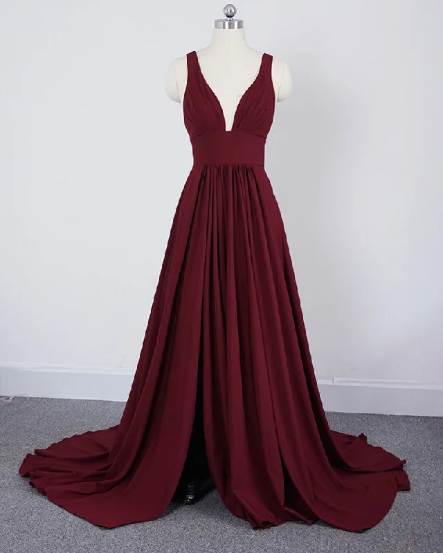 Stay Ahead In Style Dreamy Draping Evening Dresses Long with slit Sexy V Neck Women dress maroon Bridesmaid Gown LP0247