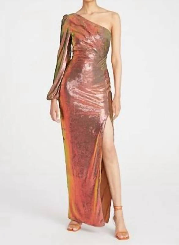 Unbeatable Prices Hollywood Glam Award - Show Style Myra One Shoulder Sequin Gown In Iridescent Persimmon