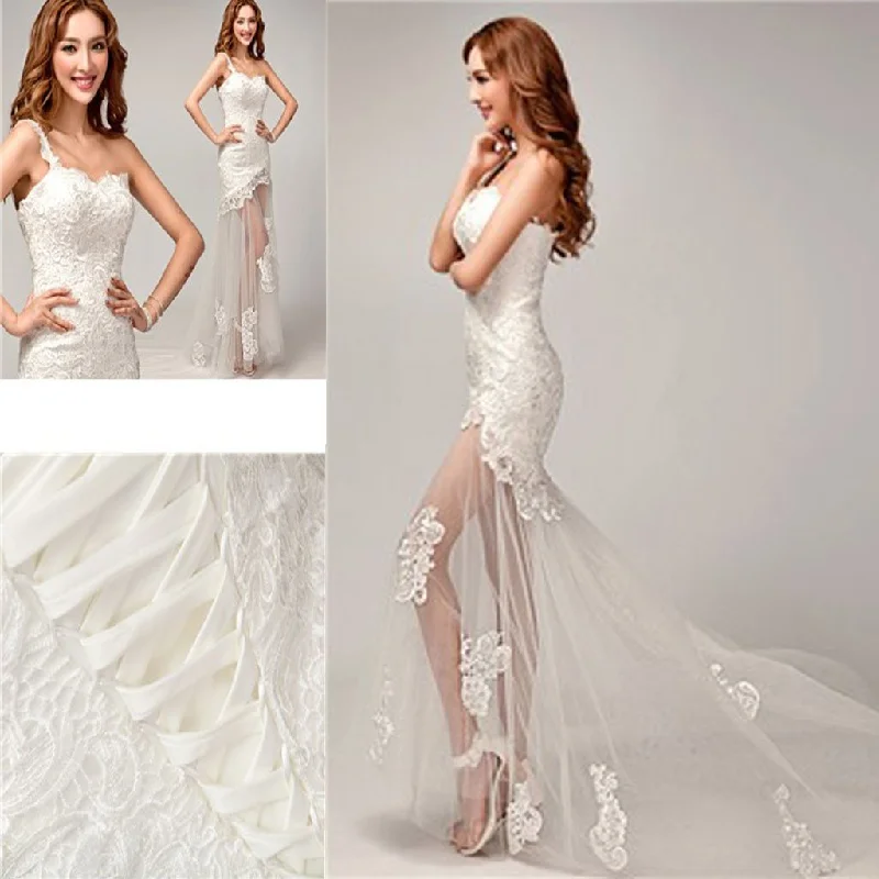 Elevated Casual Discounts Great Deals on Ethnic Cultural Wear New Design One Shoulder Lace Top See Through Sexy Mermaid Lace Up Wedding Dresses, WD0143