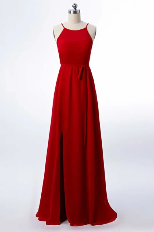 Limited Stock, Big Sale Grab Romantic Date - Night Styles Now Red Chiffon Spaghetti Straps Backless A-Line Bridesmaid Dress with Slit