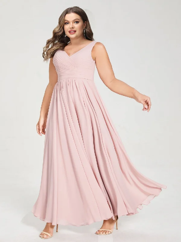 Exclusive Discounts Now on Sale for Chic Urban Styles A-Line/Princess Chiffon V-Neck Sleeveless With Pleats Floor-Length Lace Up Plus Size Bridesmaid Dresses