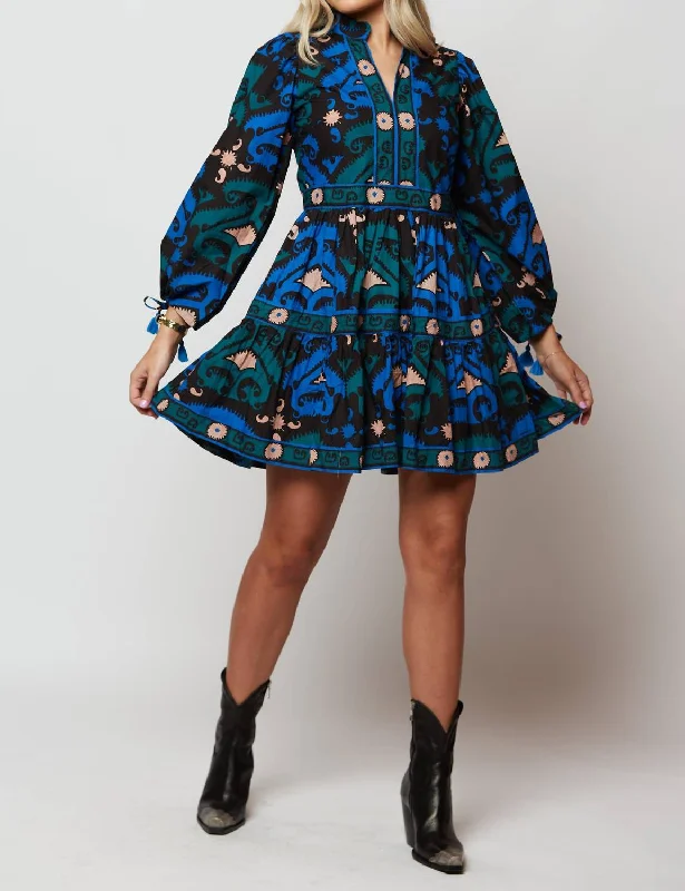 Cozy Chic Promotions Vibrant Prints Long Sleeve Yoke Dress In Uzbek