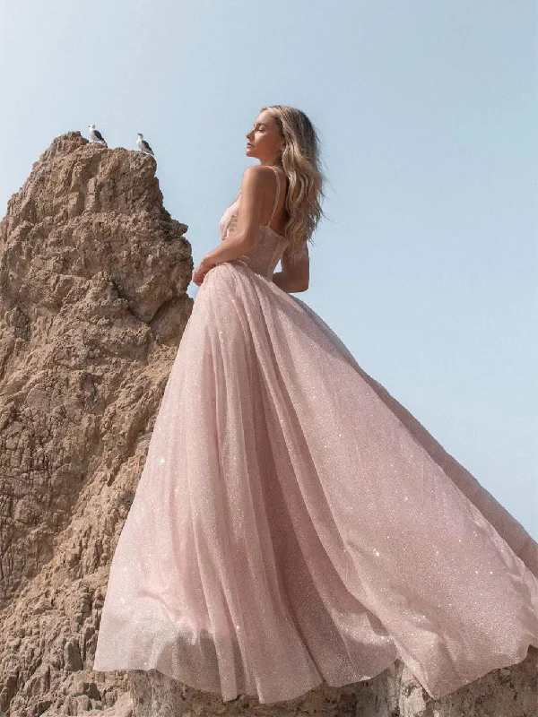 Retro Style Promotions Final Clearance Blush Pink Shiny Sequin Tulle Wedding Dresses, A-line Wedding Dresses With Bones, Bridal Gown, 2022 Wedding Dresses