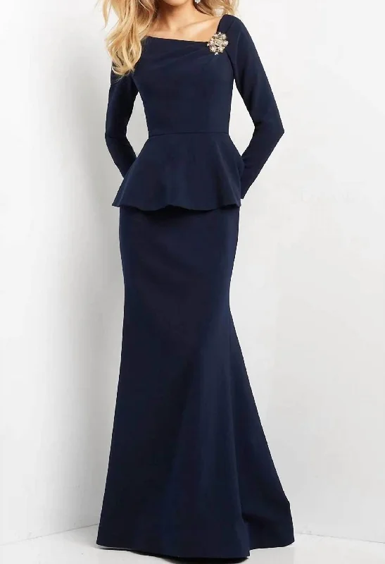 Must-Have Style Discounts Everyday Glamour Peplum Long Sleeve Evening Gown In Navy