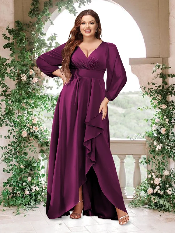 Romantic Fashion Discounts Holiday Sale A-Line/Princess V-Neck Long Sleeves Chiffon Ruched Asymmetrical Plus Size Bridesmaid Dresses with Pockets