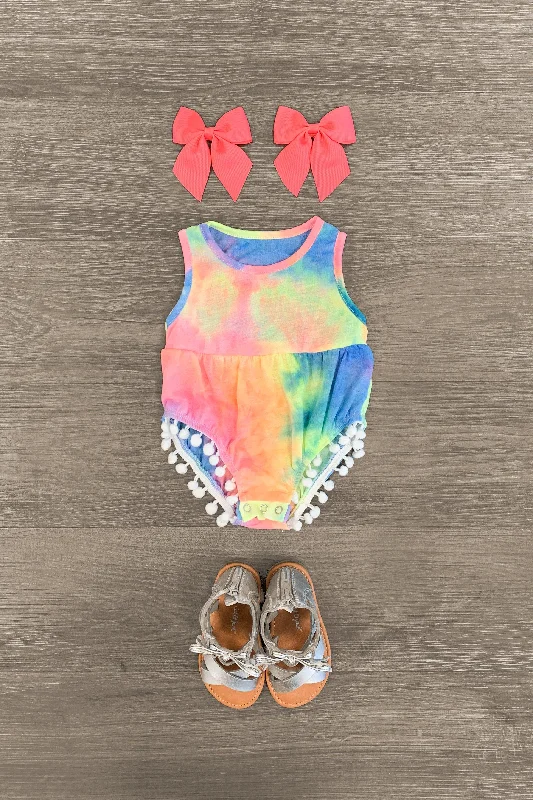 Special Offer For You Cottagecore Rustic Charm Style Sleeveless Tie Dye Pom Pom Onesie