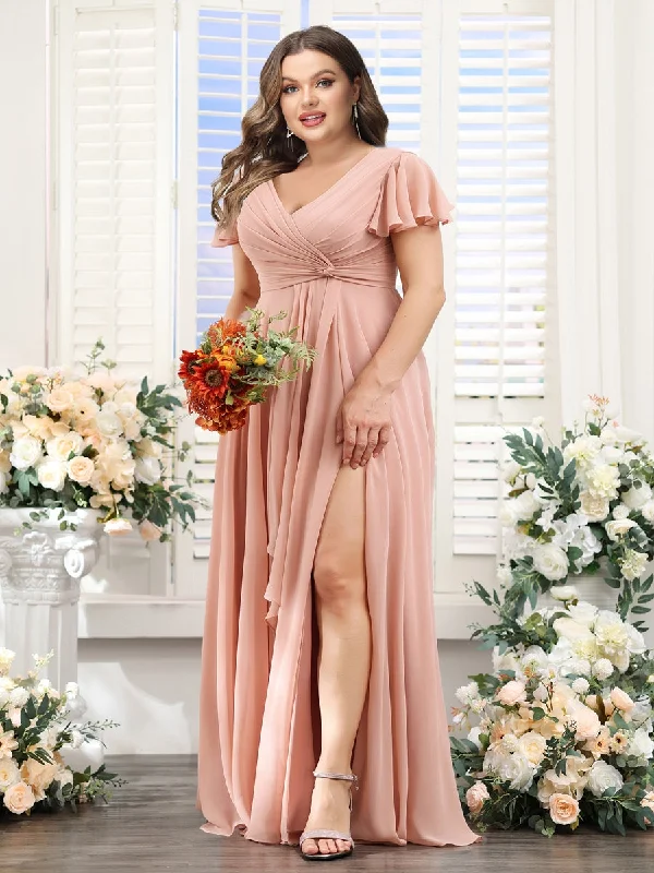 Budget Friendly Feminine Flow A-Line V-Neck Short Sleeves Split Side Chiffon Plus Size Bridesmaid Dresses