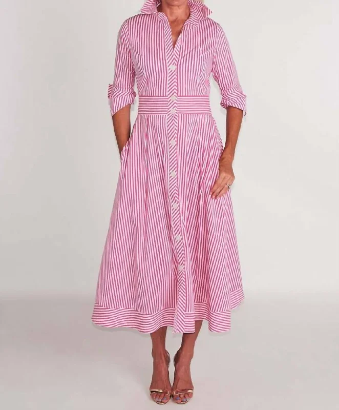 Exclusive Designer Style Deals Feminine Elegance Monaco Long Sleeve Dress In Pink Stripe